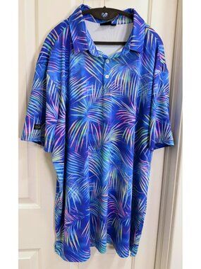 Sunday Swagger Tropical Golf Polo 3XLT Blue Palm Print Big & Tall